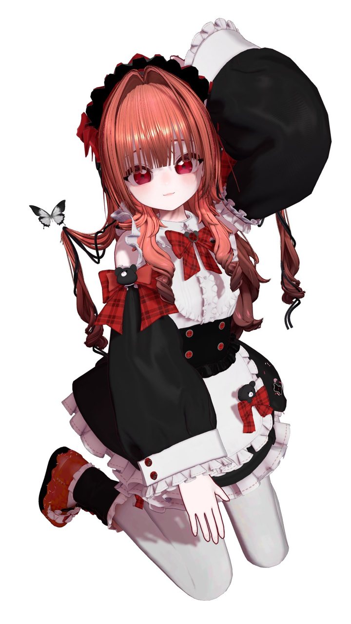 教祖あずにゃんの肖像。珊瑚色の長い髪、紅い瞳、黒いレースのヘッドドレスと赤いタータンのリボン